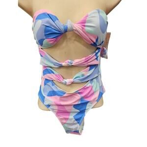 NEW pastel geometric bandeau cut out one piece swimsuit beach summer sz M padded